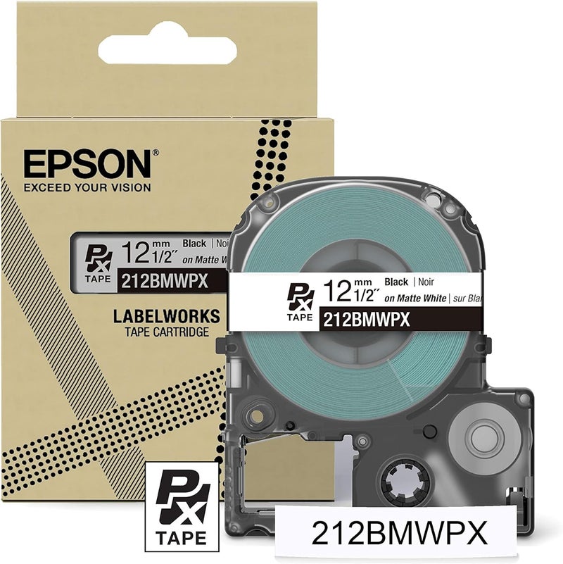 LABELWORKS Epson 212BMWPX Genuine PET (Polyester) Tape Cartridge - Black on Matte White Designer Craft Label Maker Tape - 1/2" (12MM) Wide, 26' - Image 1
